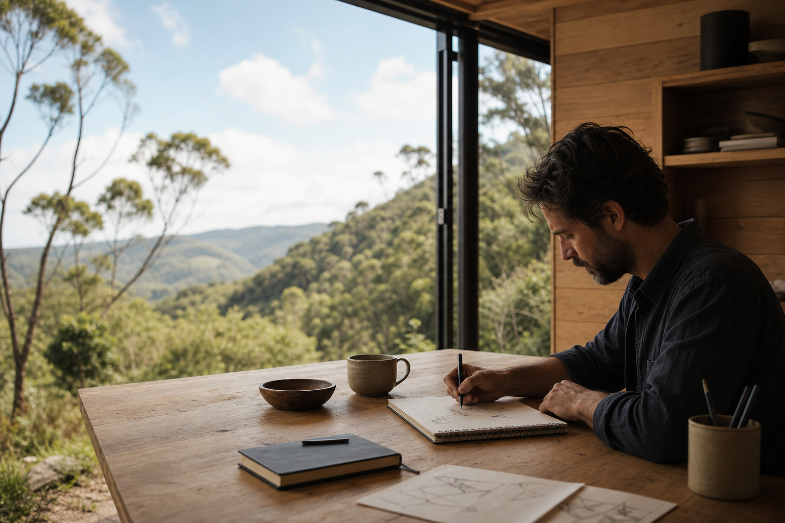 A person sketching ideas at a wooden table beside an open view of green hills