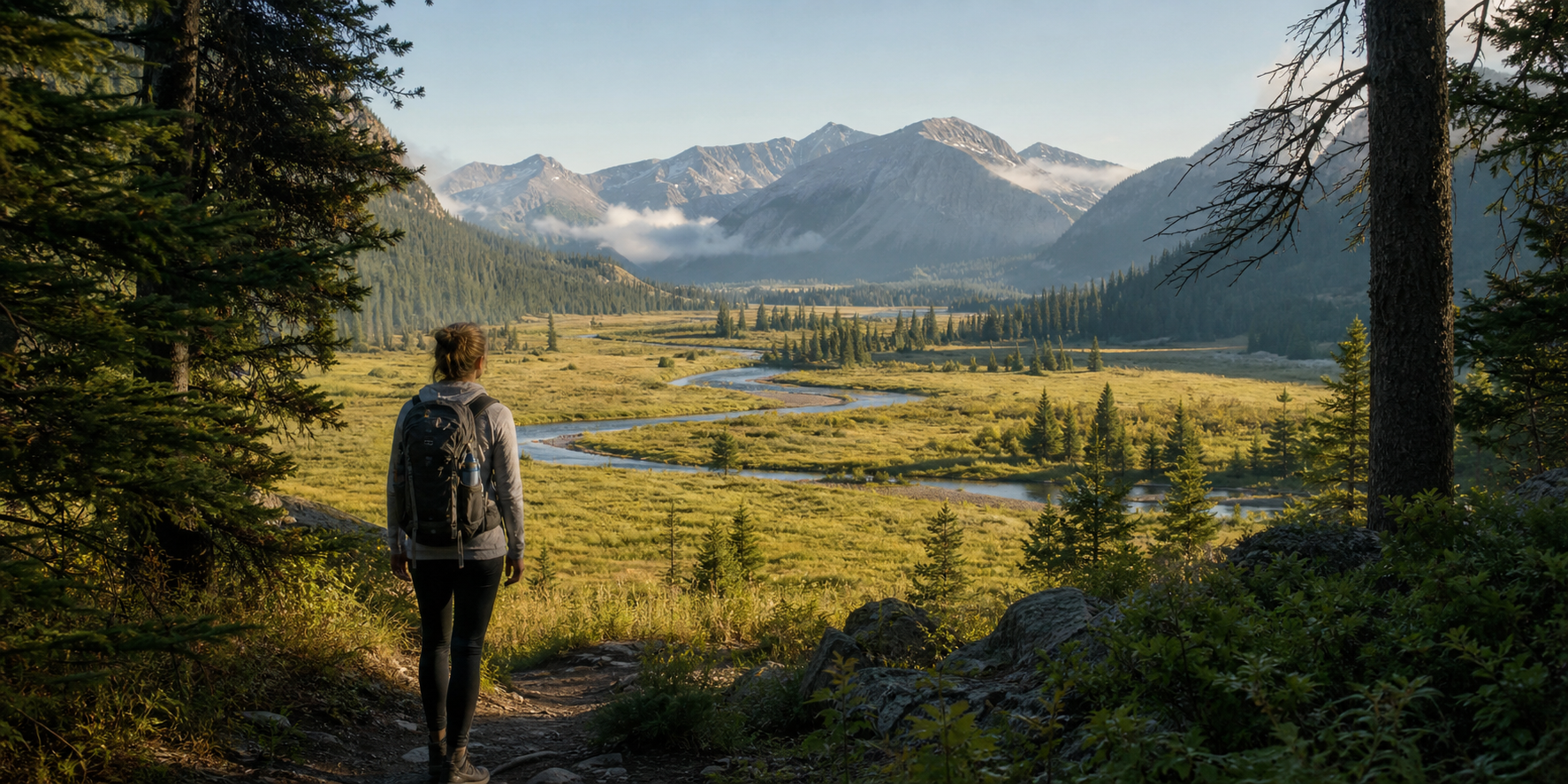 A hiker emerging from a forest trail into a wide alpine valley