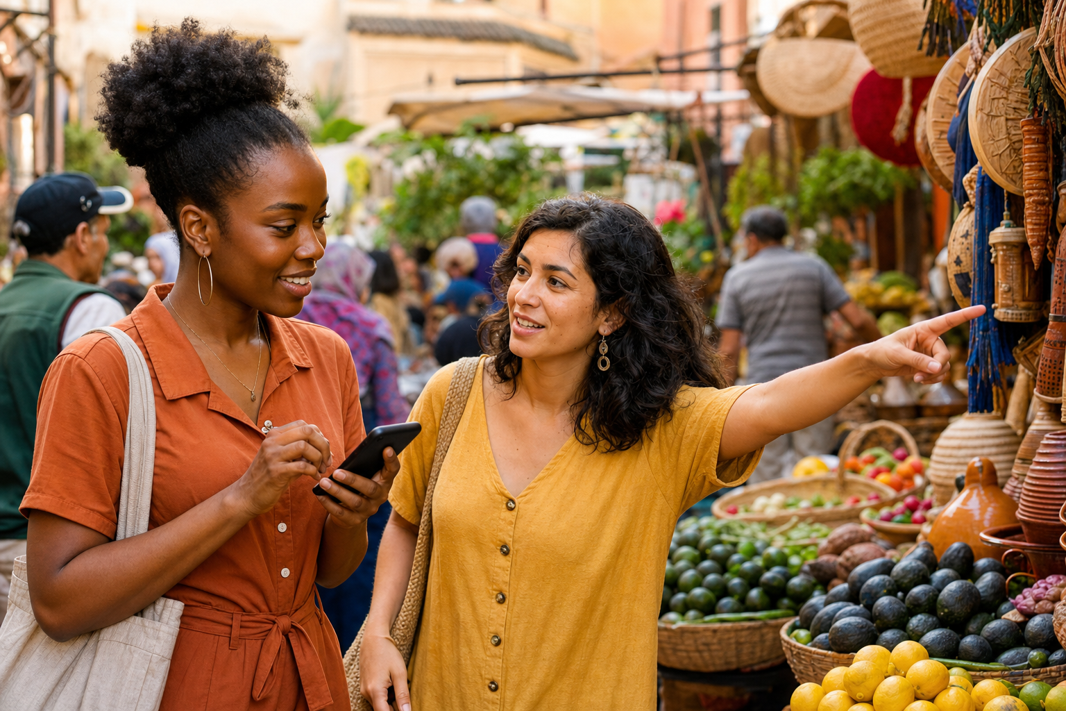 Two friends discovering language and culture together in a lively open-air market