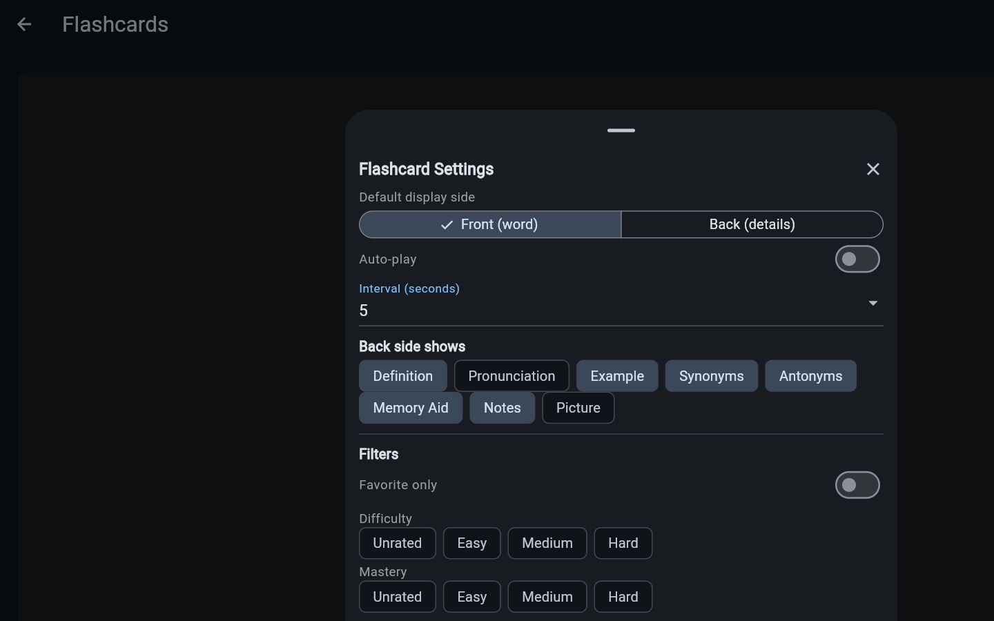 Vocab Depot in-session flashcard settings with display, autoplay, content, and filter controls
