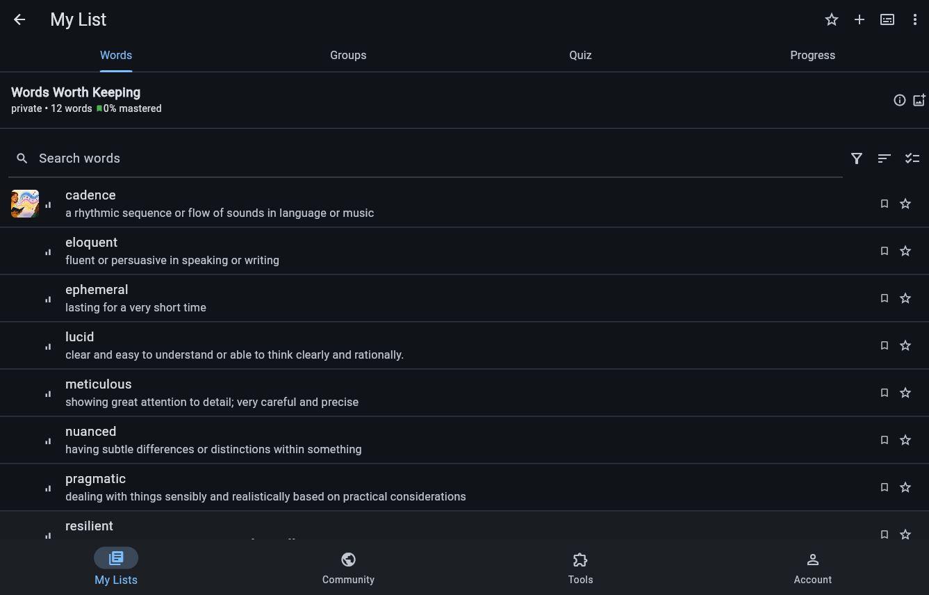 Vocab Depot list showing a full vocabulary collection with definitions