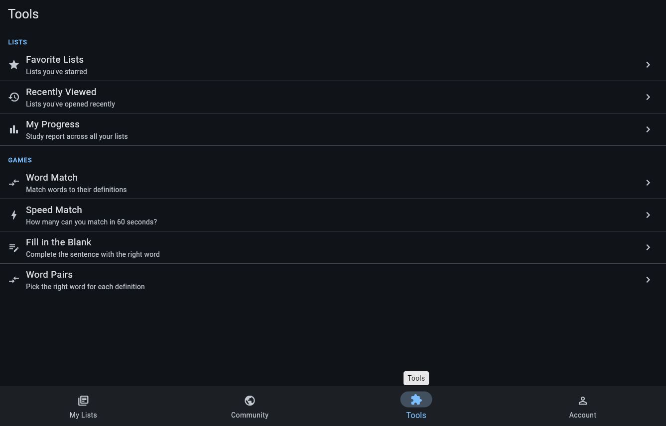 Vocab Depot Tools tab with four vocabulary games and progress shortcuts